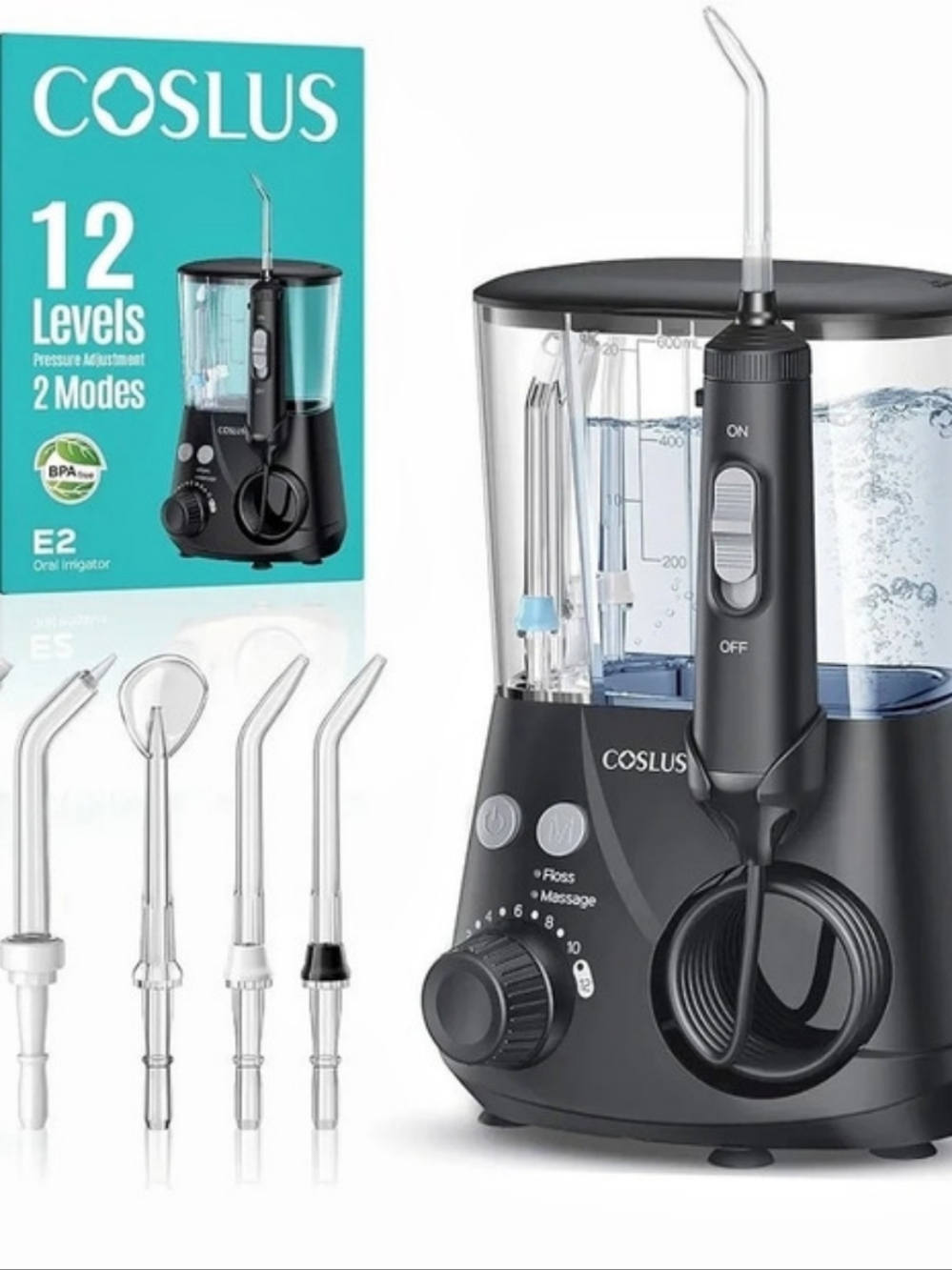 COSLUS E2 Countertop Water Flosser, a desktop oral irrigator 600mL water tank..